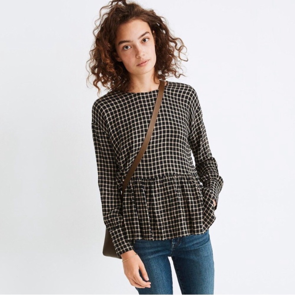 MADEWELL Button-Back Peplum Top in Mini Windowpane